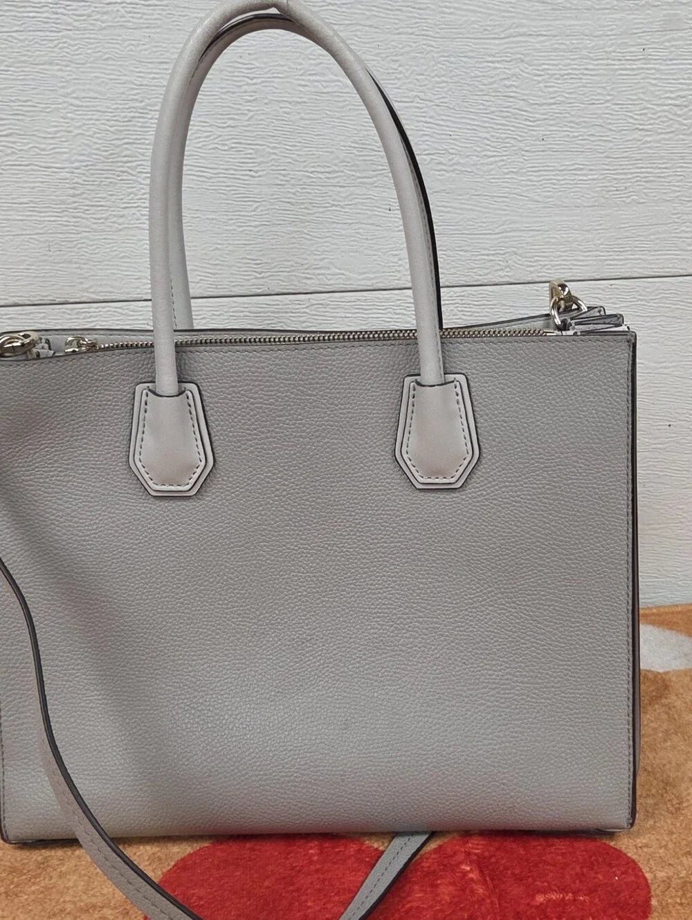 Michael Kors Light Gray Pebbled Leather Satchel with Shoulder Strap